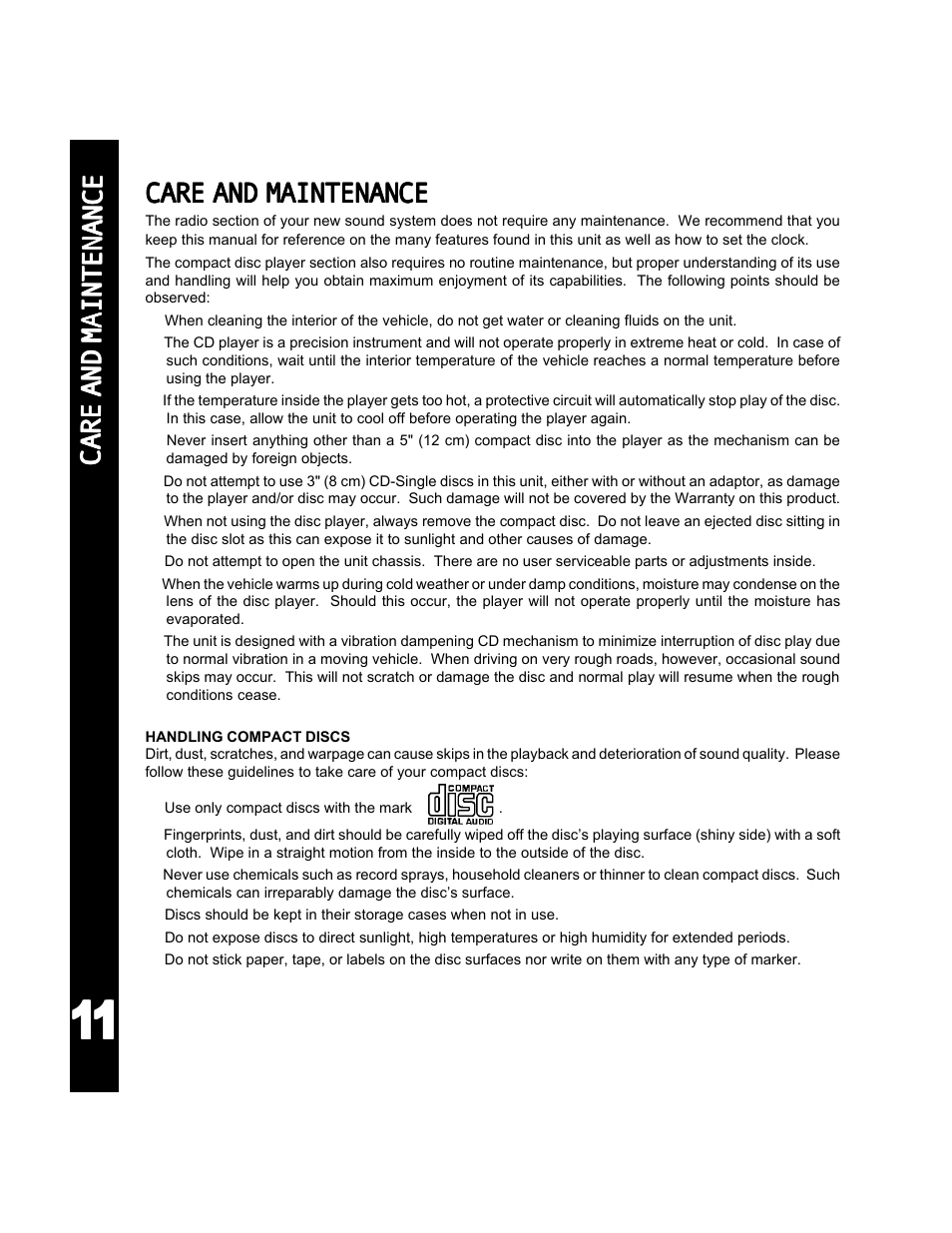 Care and maintenance | Audiovox ACD-25 User Manual | Page 12 / 40