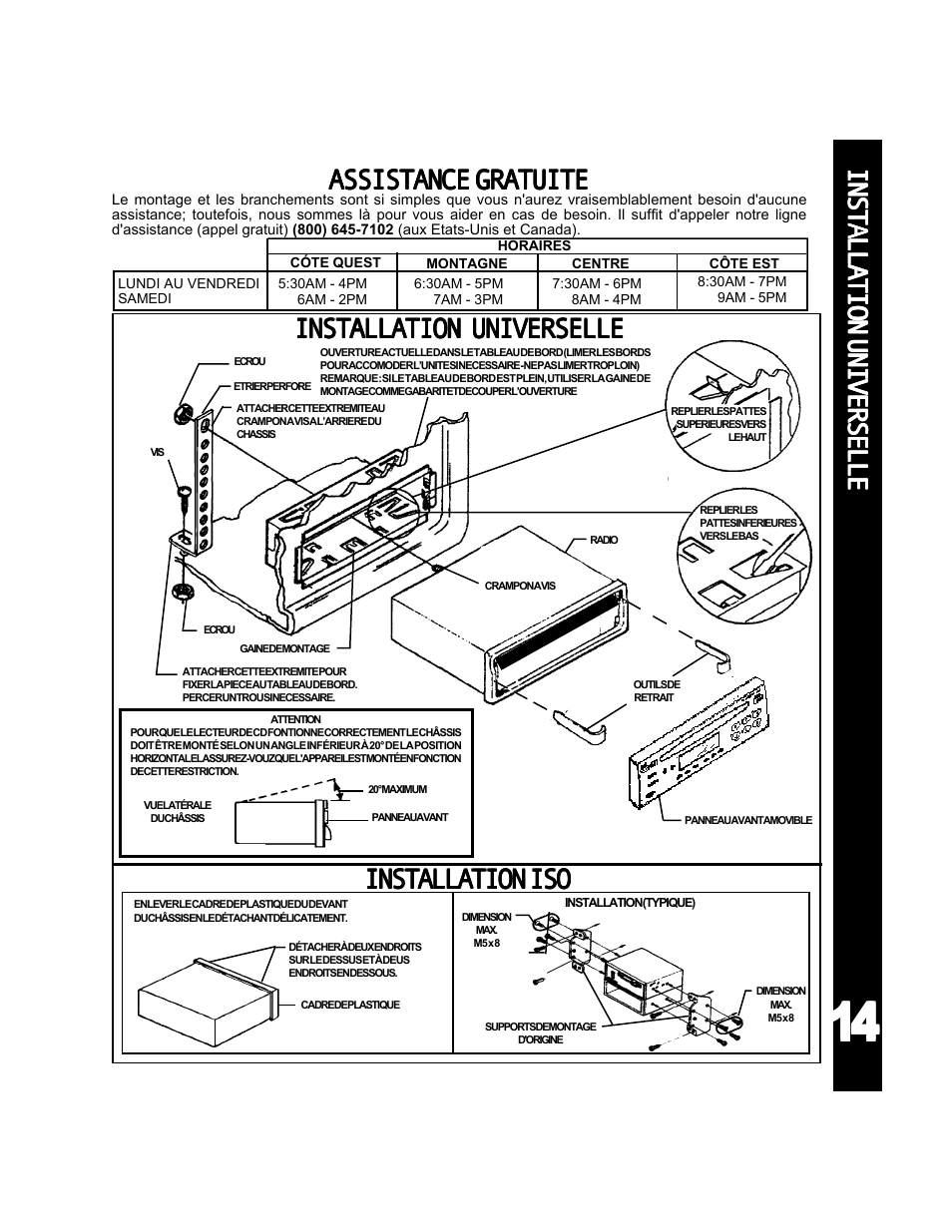 Assistance gratuite, Installation universelle, Installationiso | Audiovox ACD-25 User Manual | Page 15 / 40
