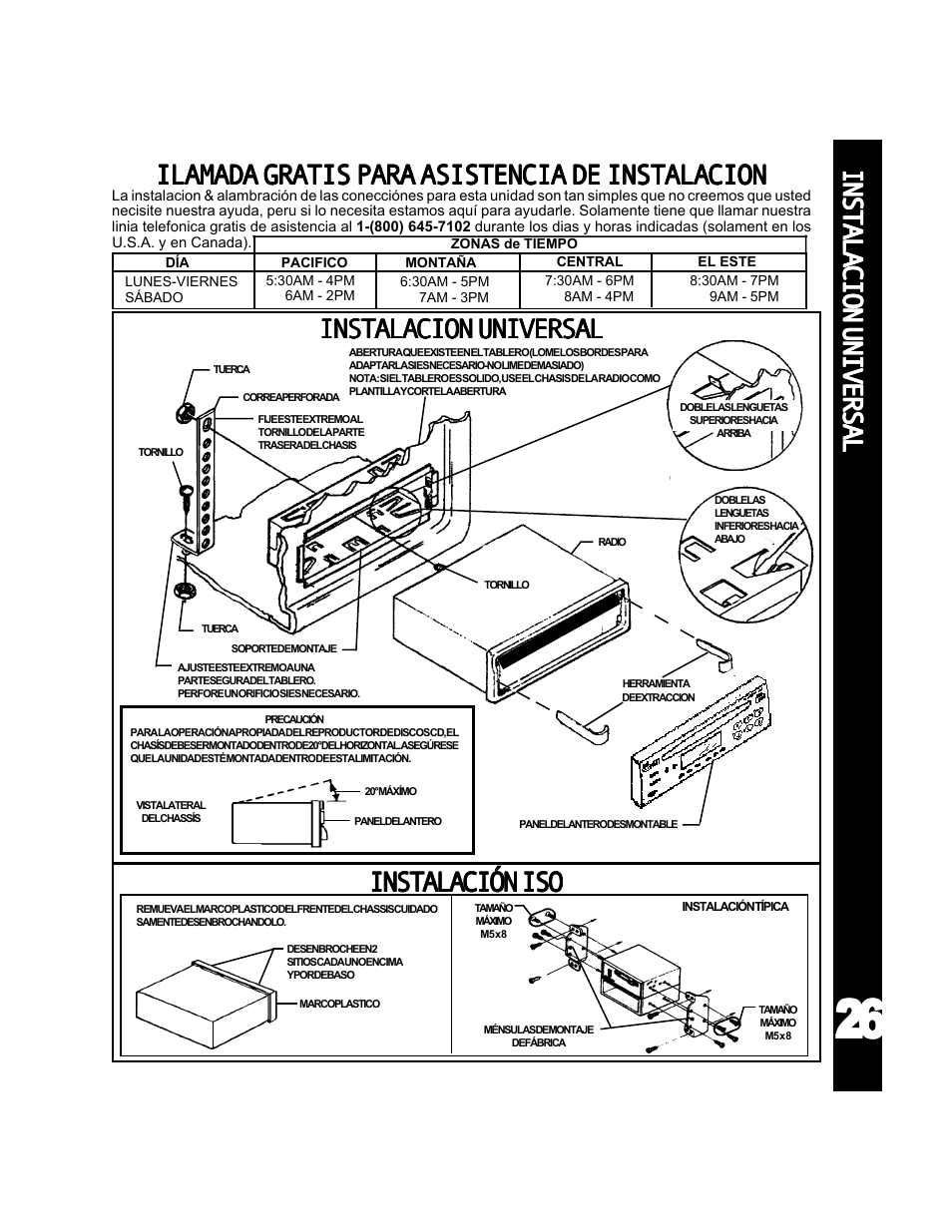Ilamada gratis para asistencia de instalacion, Instalacionuniversal, Instalacióniso | Audiovox ACD-25 User Manual | Page 27 / 40