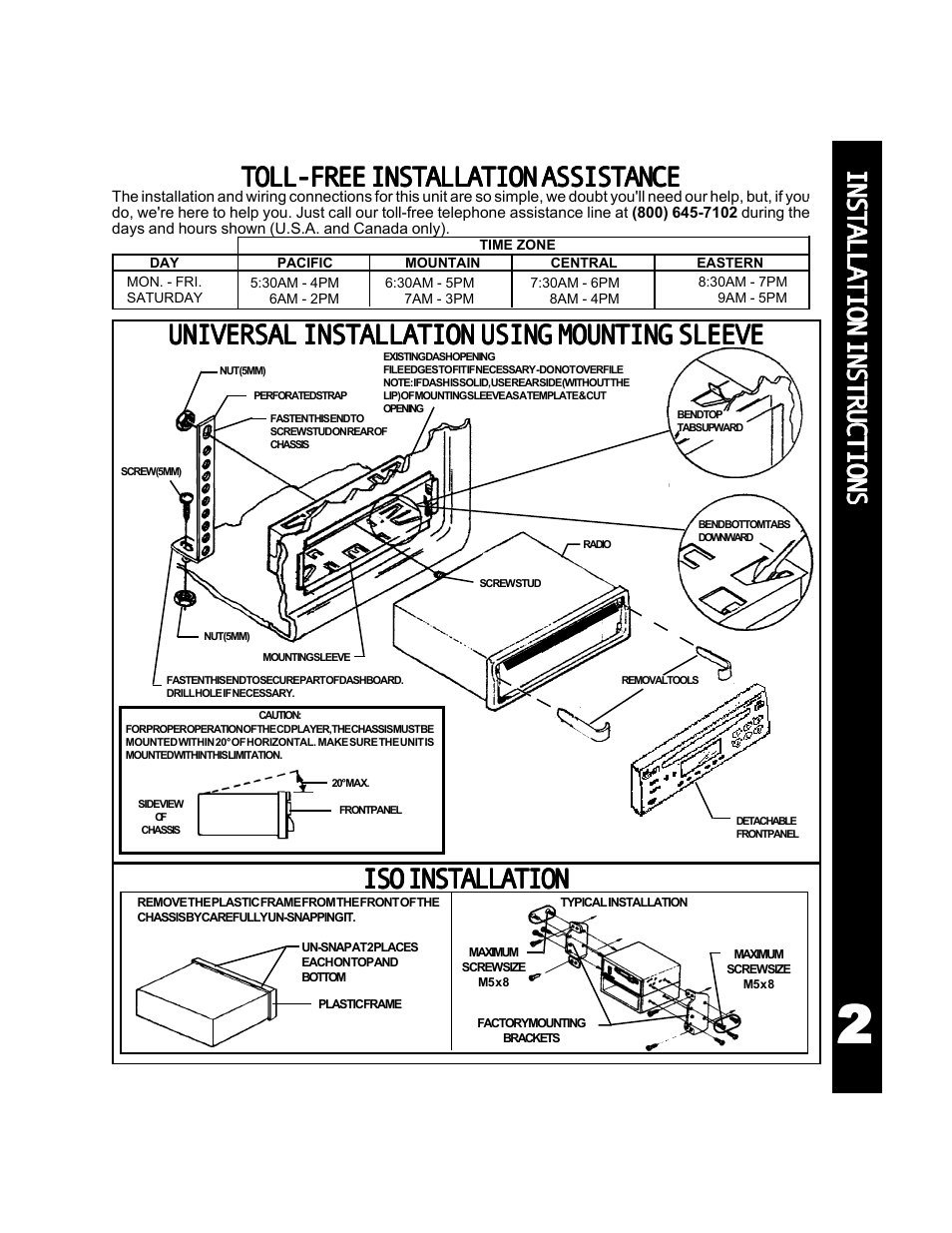 Toll-freeinstallationassistance, Universal installation using mounting sleeve, Isoinstallation | Audiovox ACD-25 User Manual | Page 3 / 40