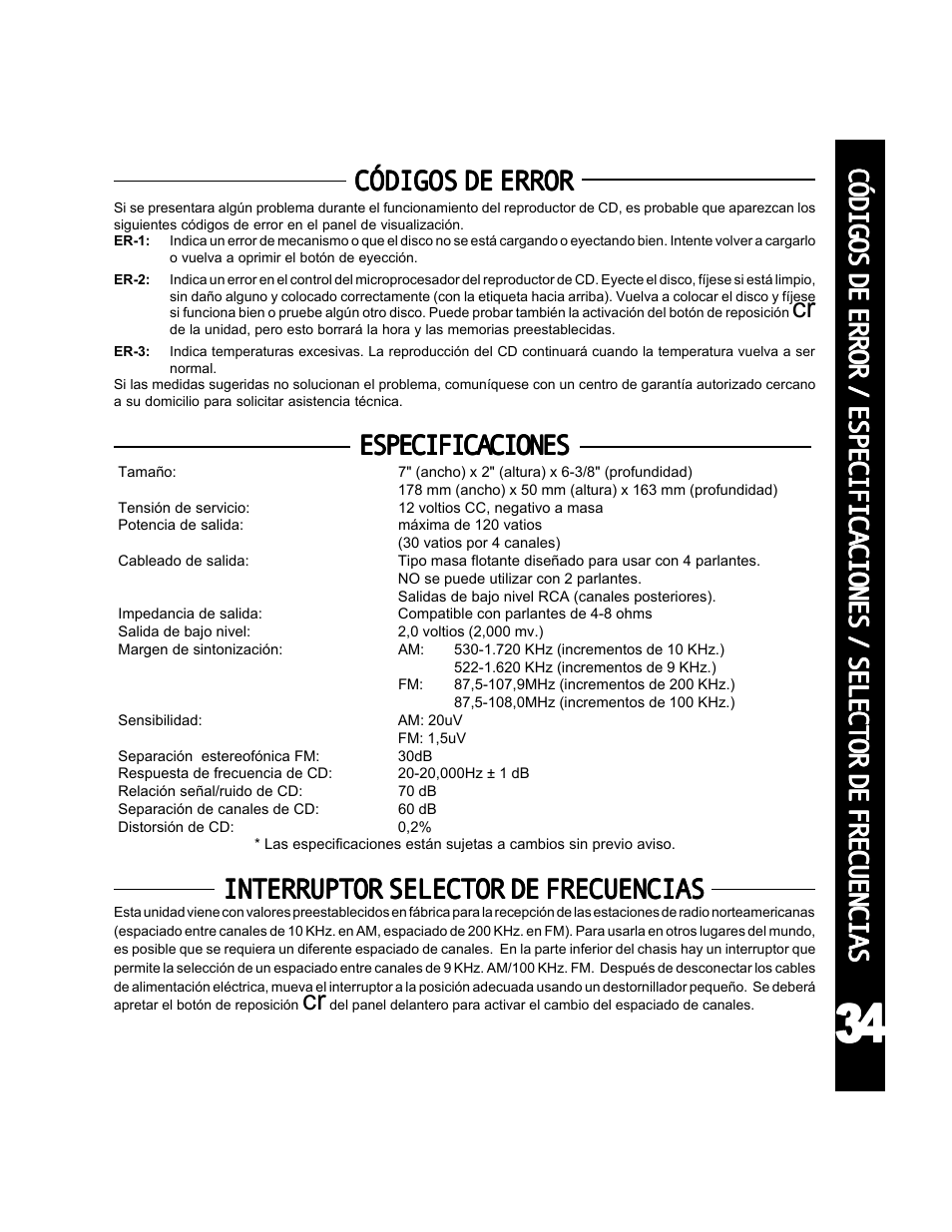 Códigos de error, Interruptor selector de frecuencias | Audiovox ACD-25 User Manual | Page 35 / 40