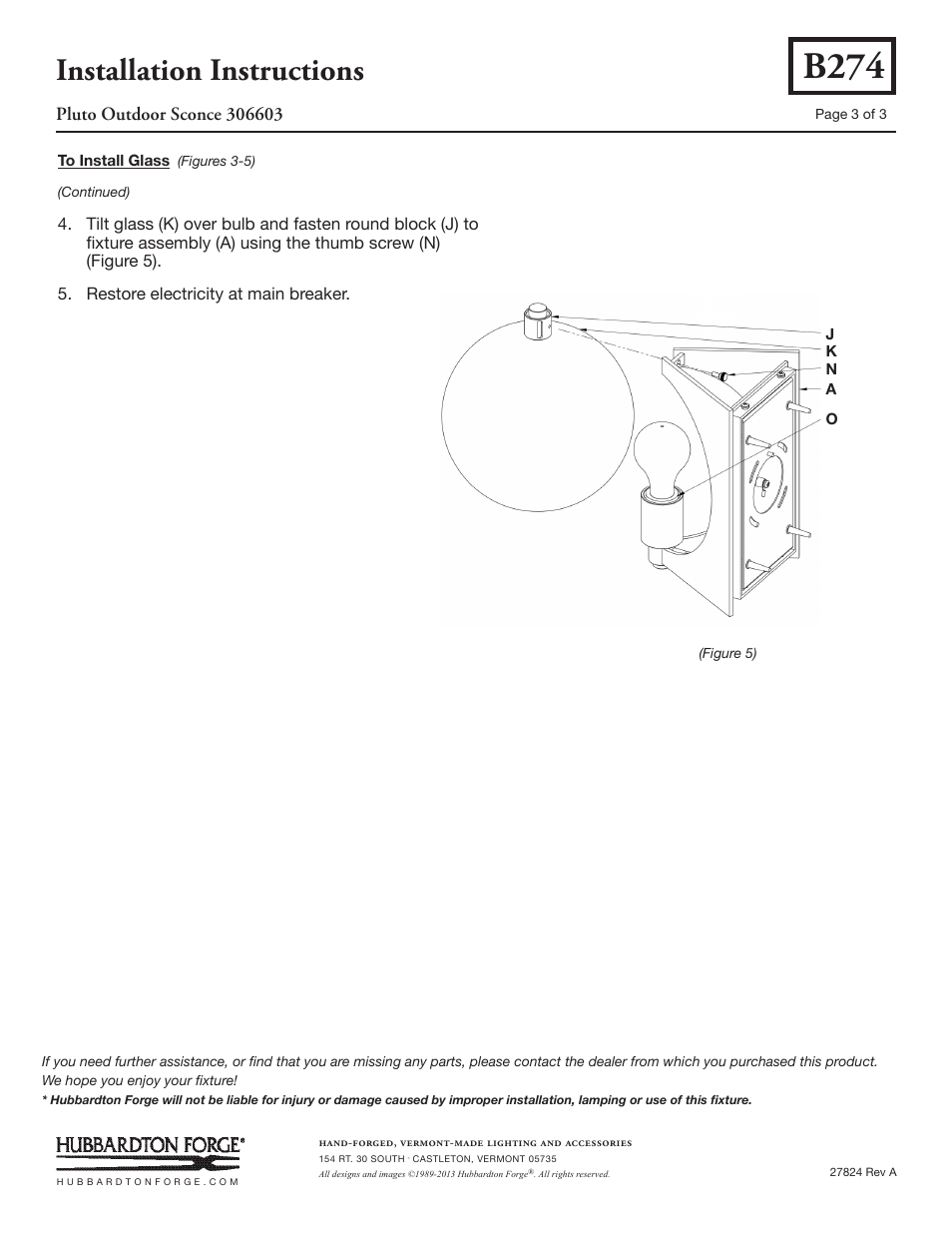 B274, Installation instructions | Hubbardton Forge 306603 User Manual | Page 3 / 3