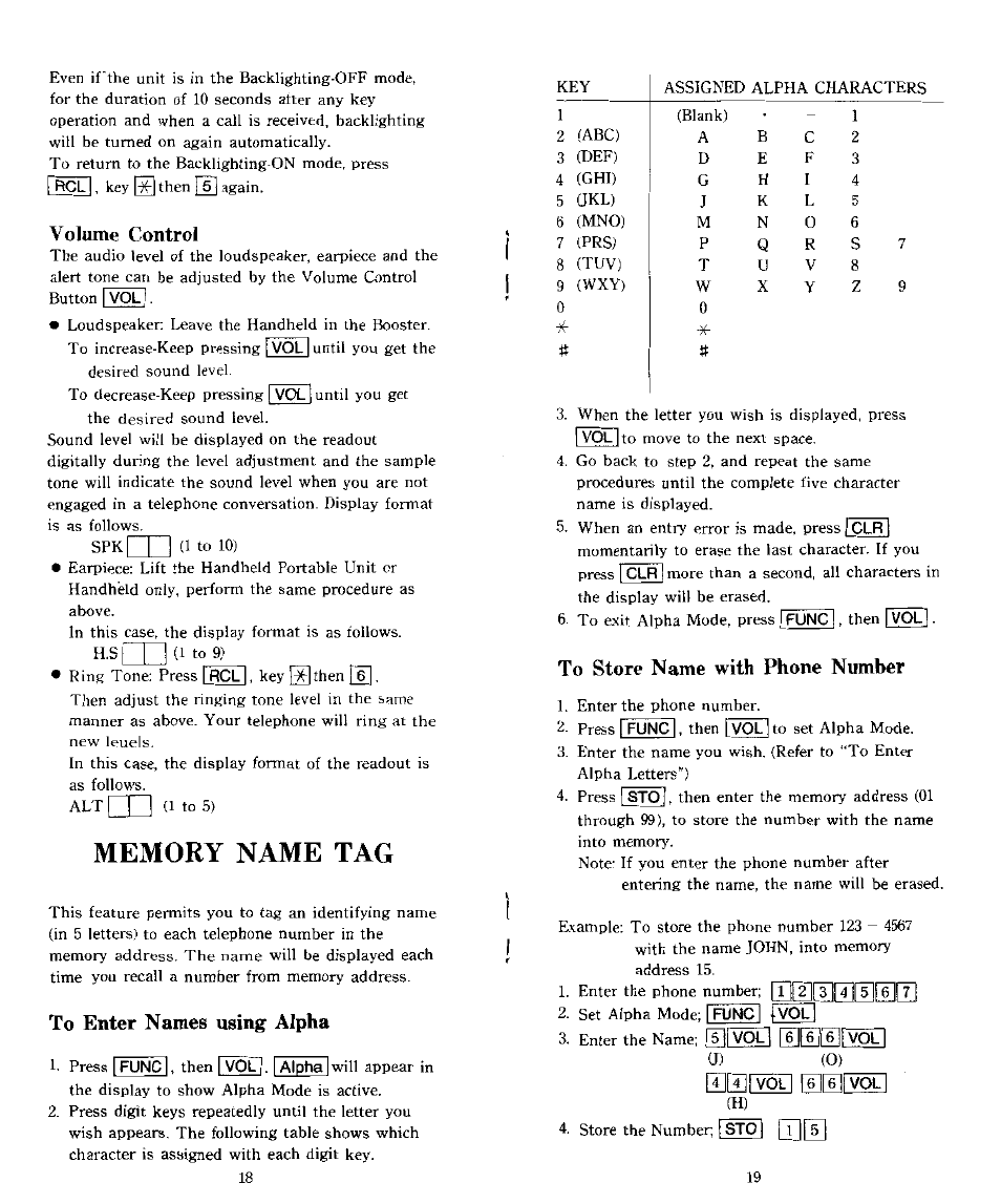 Volume control, Memory name tag, To enter names using alpha | To store name with phone number | Audiovox CTX5000 User Manual | Page 10 / 18