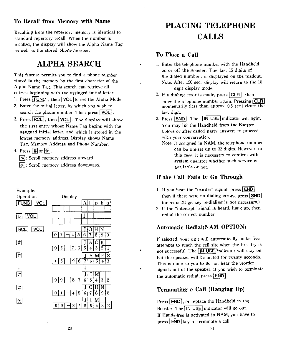 To recall from memory with name, Alpha search, Placing telephone calls | To place a call, If the call fails to go through, Automatic redial(nam option), Termnating a call (hanging up), Alpha search placing telephone calls, T i'p | Audiovox CTX5000 User Manual | Page 11 / 18