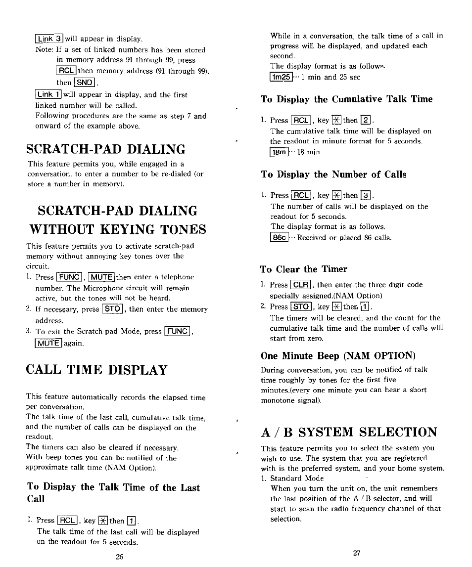 Scratch-pad dialing, Scratch pad dialing without keying tones, Call time display | To display the talk time of the last call, To display the cumulative talk time, To display the number of calls, To clear the timer, One minute beep (nam option), A / b system selection, Scratch pad dialing | Audiovox CTX5000 User Manual | Page 14 / 18