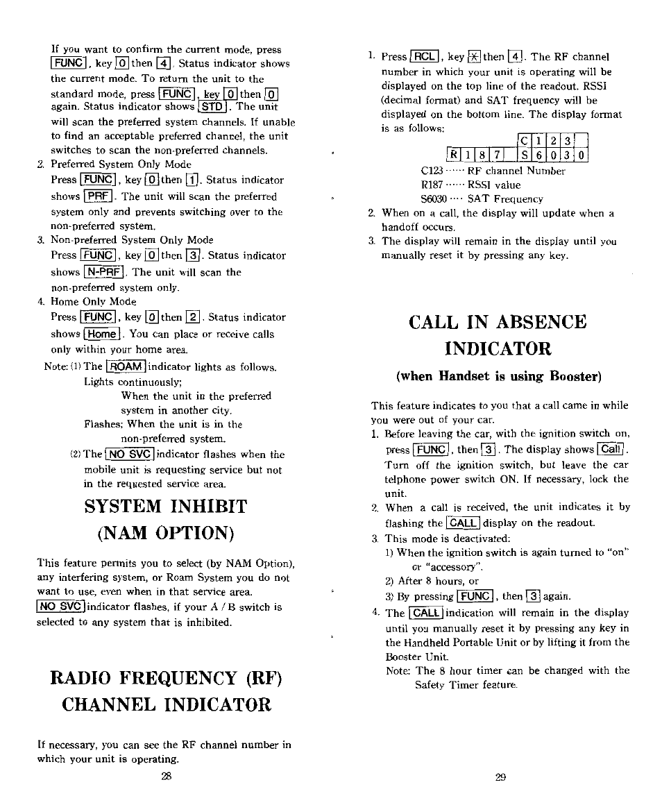 System inhibit (nam option), Radio frequency (rf) channel indicator, Call in absence indicator | When handset is using booster), System inhibit(nam option) | Audiovox CTX5000 User Manual | Page 15 / 18