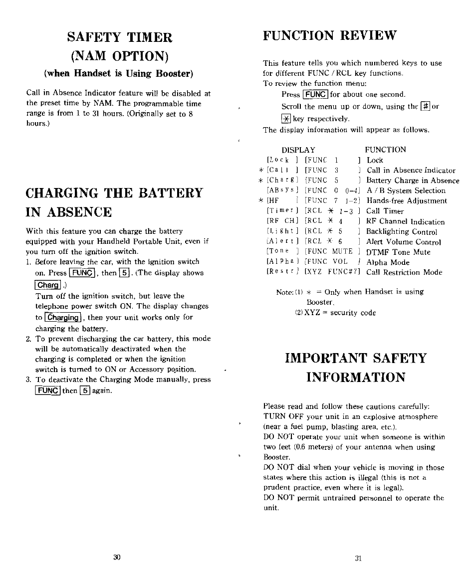 Safety timer (nam option), When handset is using booster), Charging the battery | In absence, Function review, Important safety information, Safety timerinam option), Function review important safety information, Charging the battery in absence | Audiovox CTX5000 User Manual | Page 16 / 18