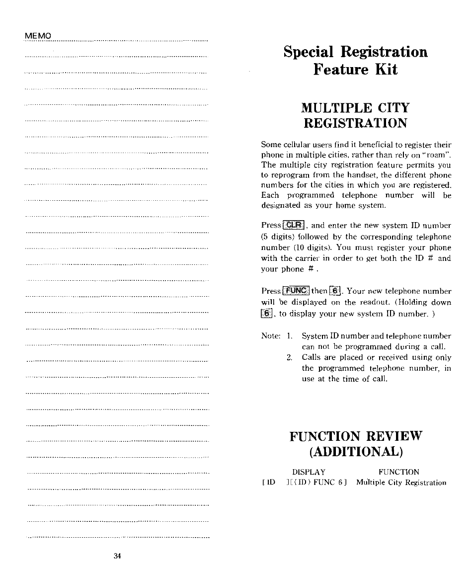 Multiple city registration, Function review (additional), Special registration feature kit | Audiovox CTX5000 User Manual | Page 18 / 18