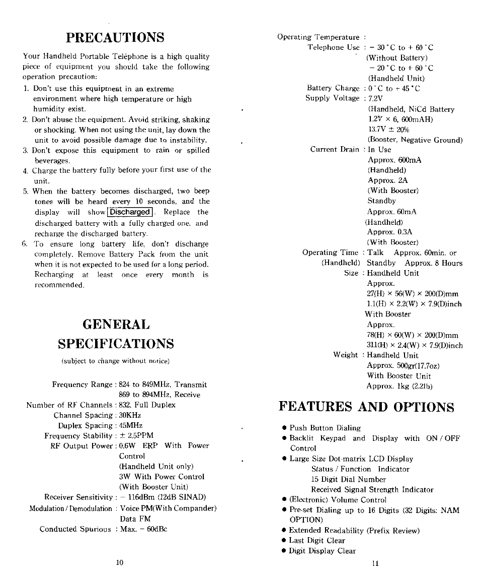 Precautions, General, Specifications | Features and options, General specifications | Audiovox CTX5000 User Manual | Page 6 / 18