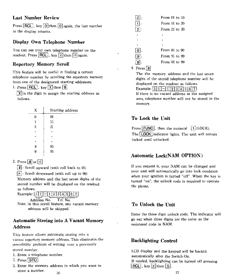 Last number review, Display own telephone number, Repertory memory scroll | Automatic storing into a vacant memory address, To lock the unit, Automatic lock(nam option), To unlock the unit, Backlighting control | Audiovox CTX5000 User Manual | Page 9 / 18