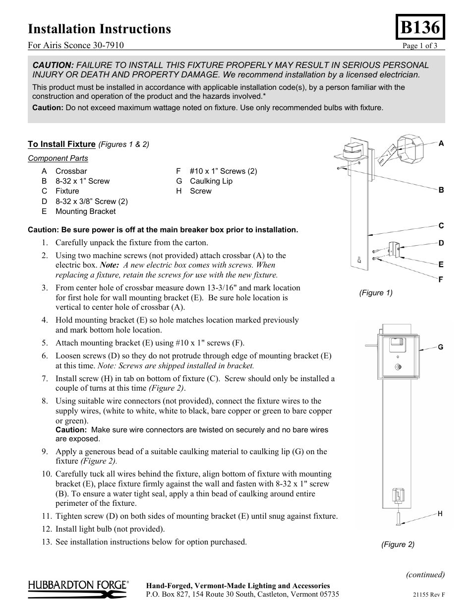 Hubbardton Forge 307910 User Manual | 3 pages