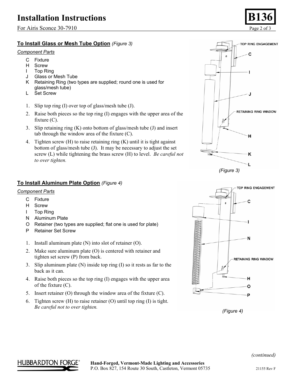 B136, Installation instructions | Hubbardton Forge 307910 User Manual | Page 2 / 3