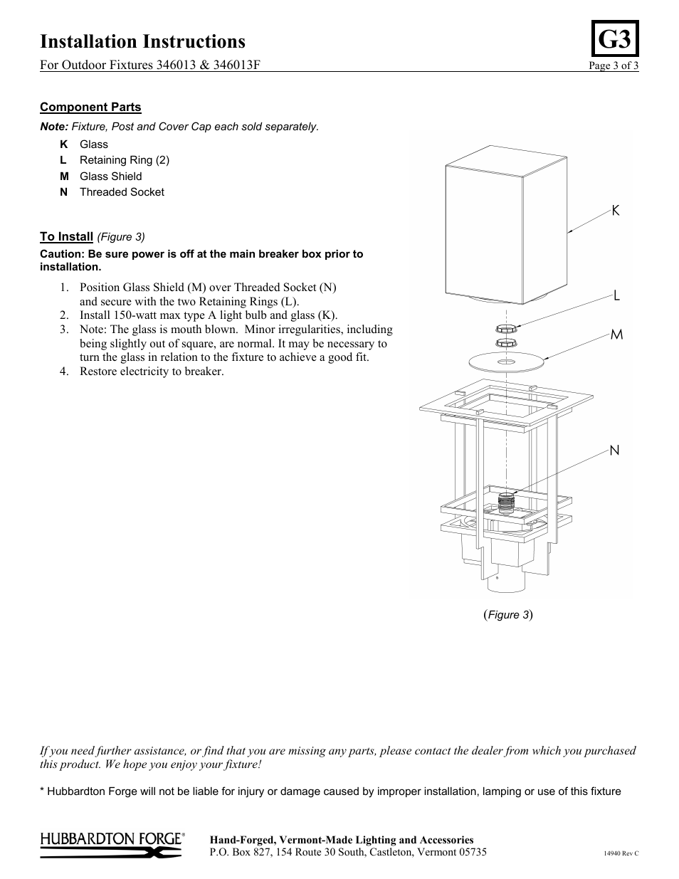 Installation instructions | Hubbardton Forge 346013 User Manual | Page 3 / 3