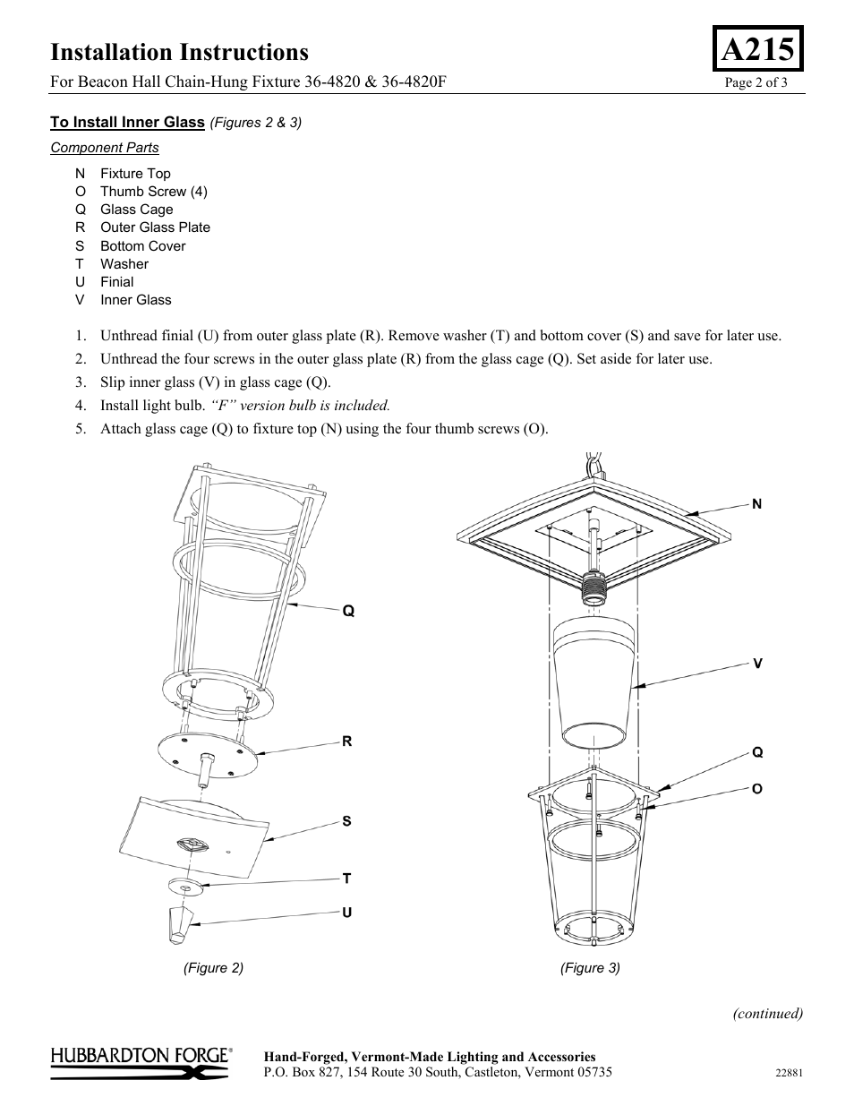 A215, Installation instructions | Hubbardton Forge 364820 User Manual | Page 2 / 3