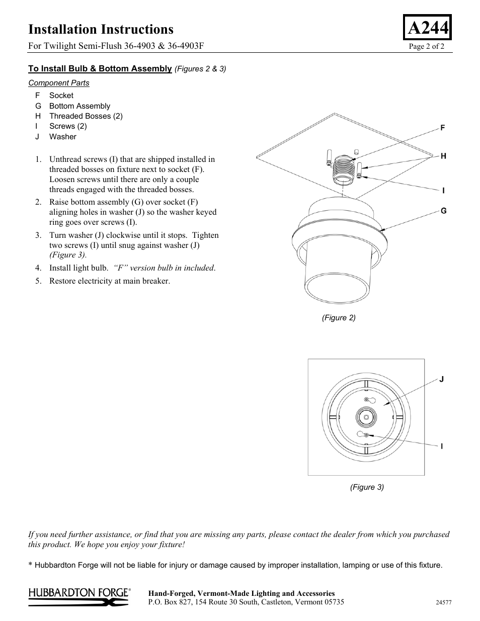 A244, Installation instructions | Hubbardton Forge 364903 User Manual | Page 2 / 2