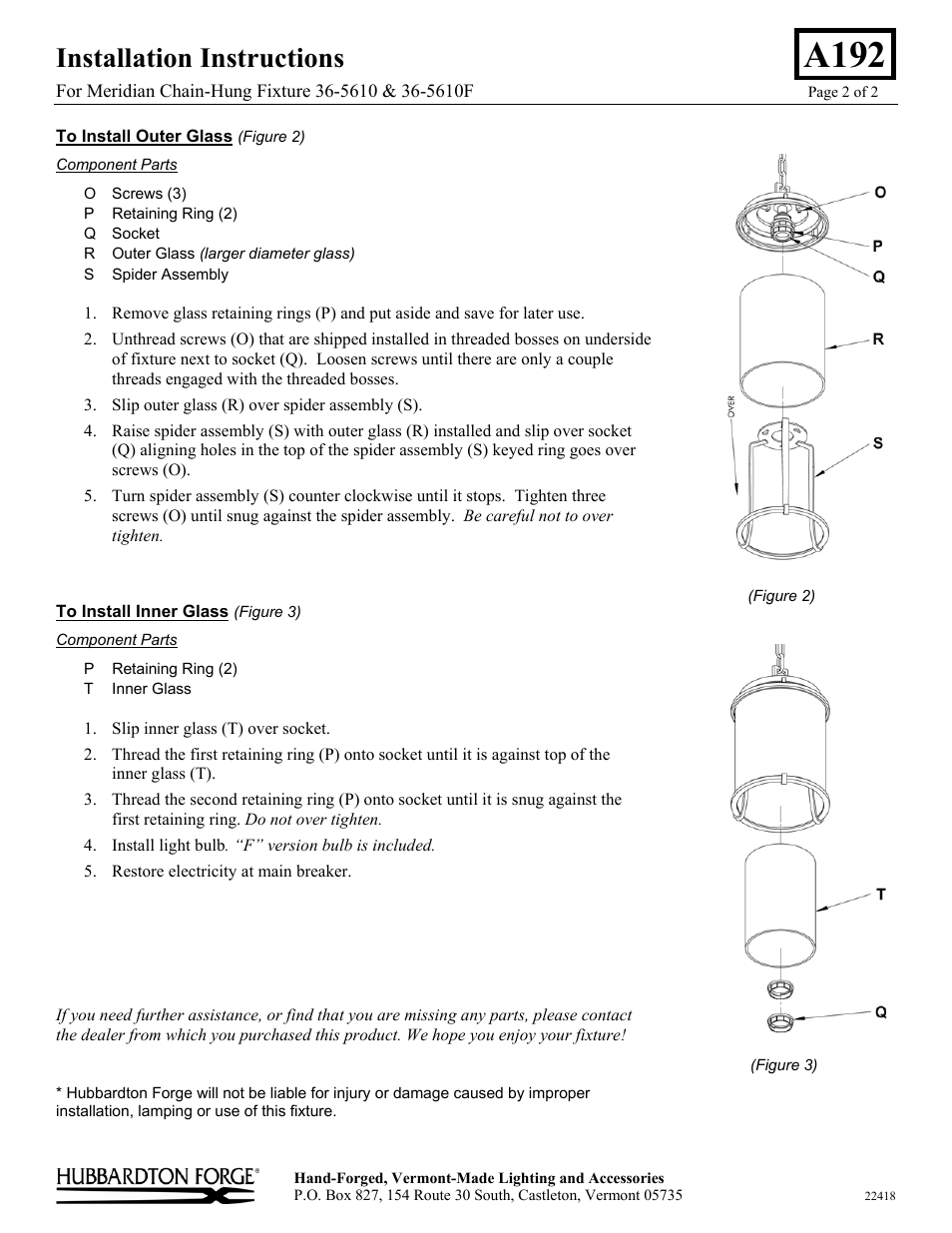 A192, Installation instructions | Hubbardton Forge 365610 User Manual | Page 2 / 2