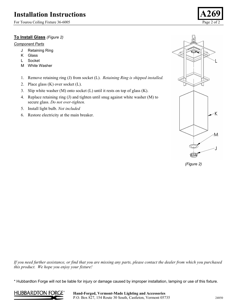 A269, Installation instructions | Hubbardton Forge 366005 User Manual | Page 2 / 2