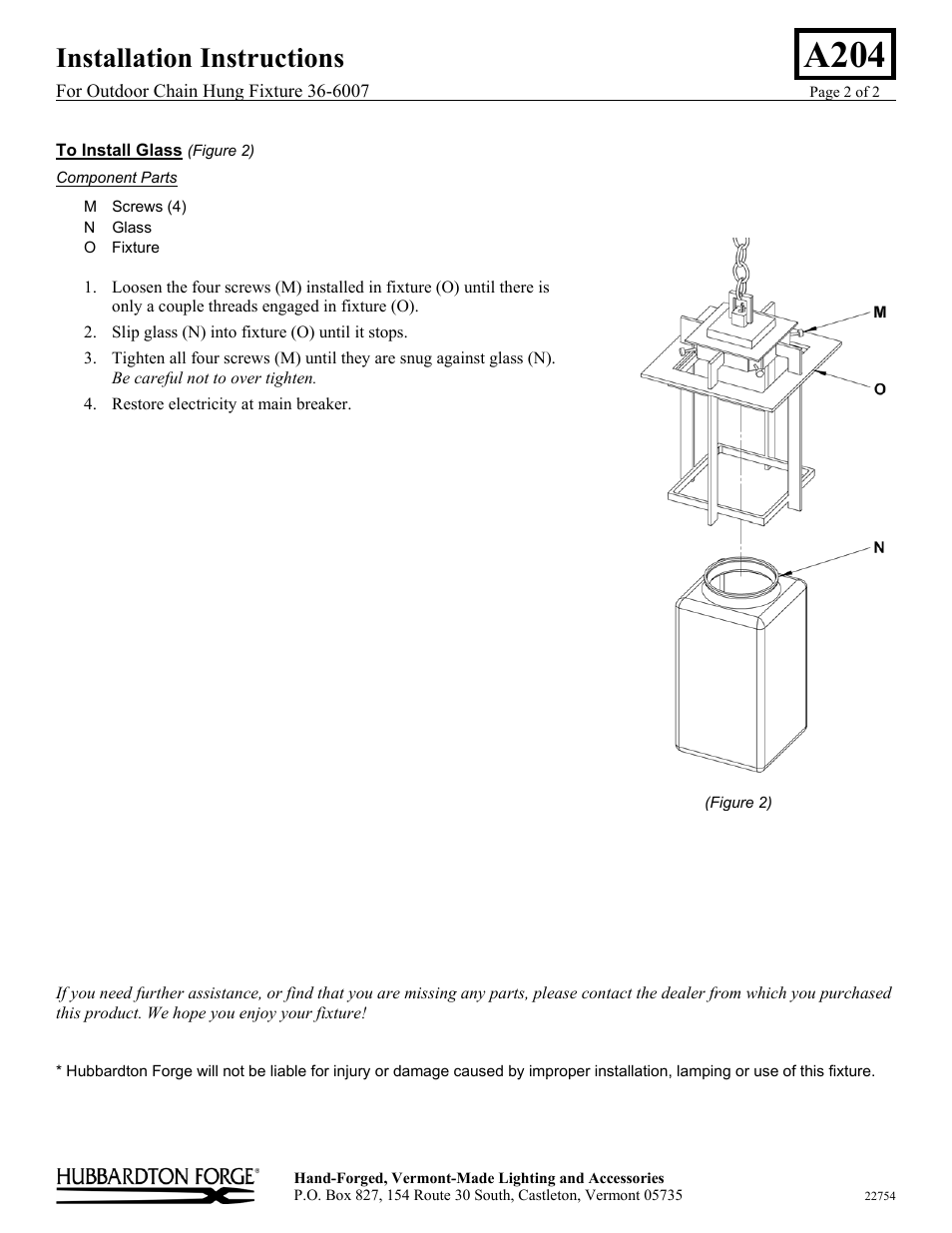 A204, Installation instructions | Hubbardton Forge 366007 User Manual | Page 2 / 2