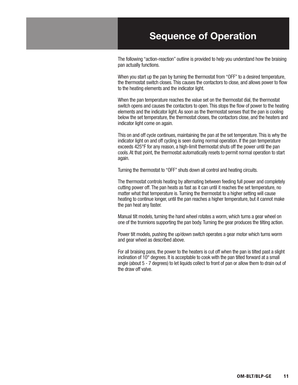 Sequence of operation | Blodgett BLP-E Series User Manual | Page 13 / 32