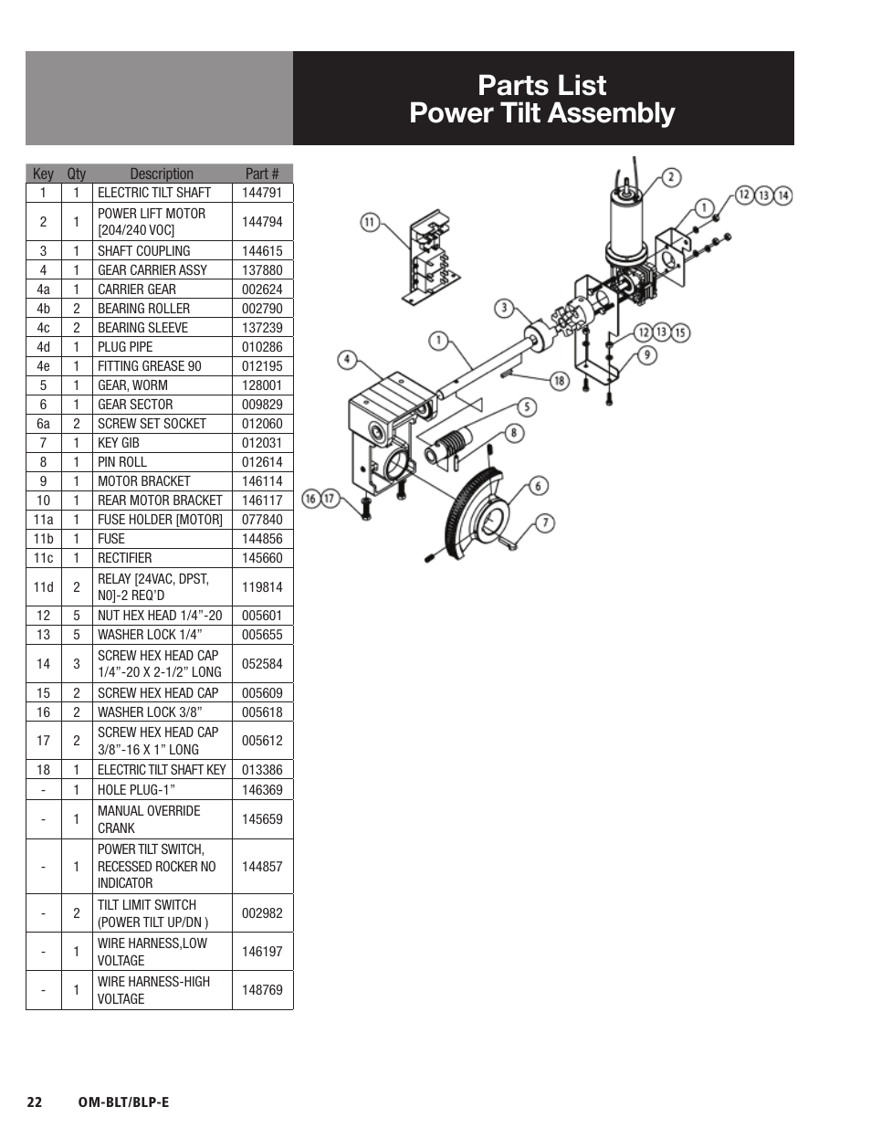 Parts list power tilt assembly | Blodgett BLP-E Series User Manual | Page 24 / 32