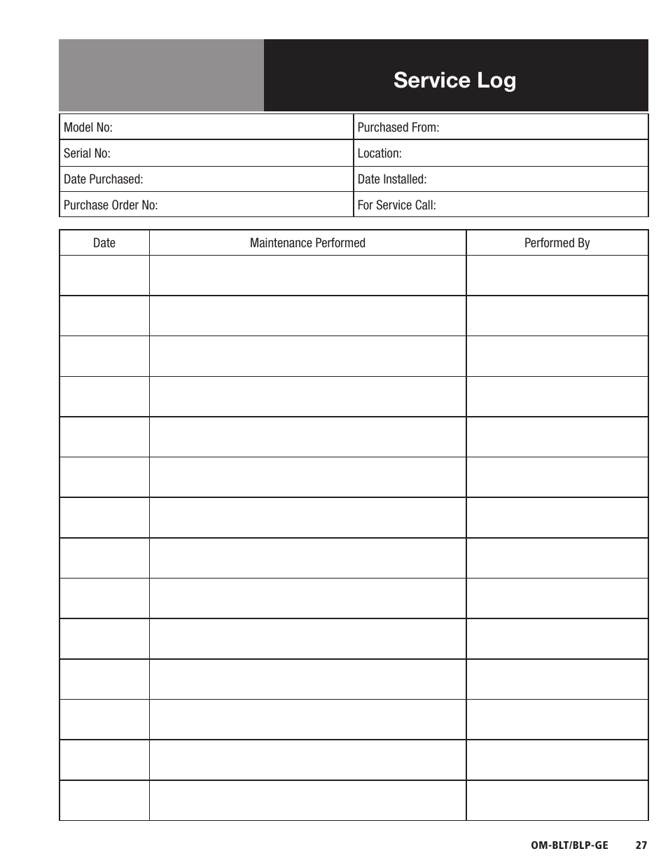 Service log | Blodgett BLP-E Series User Manual | Page 29 / 32