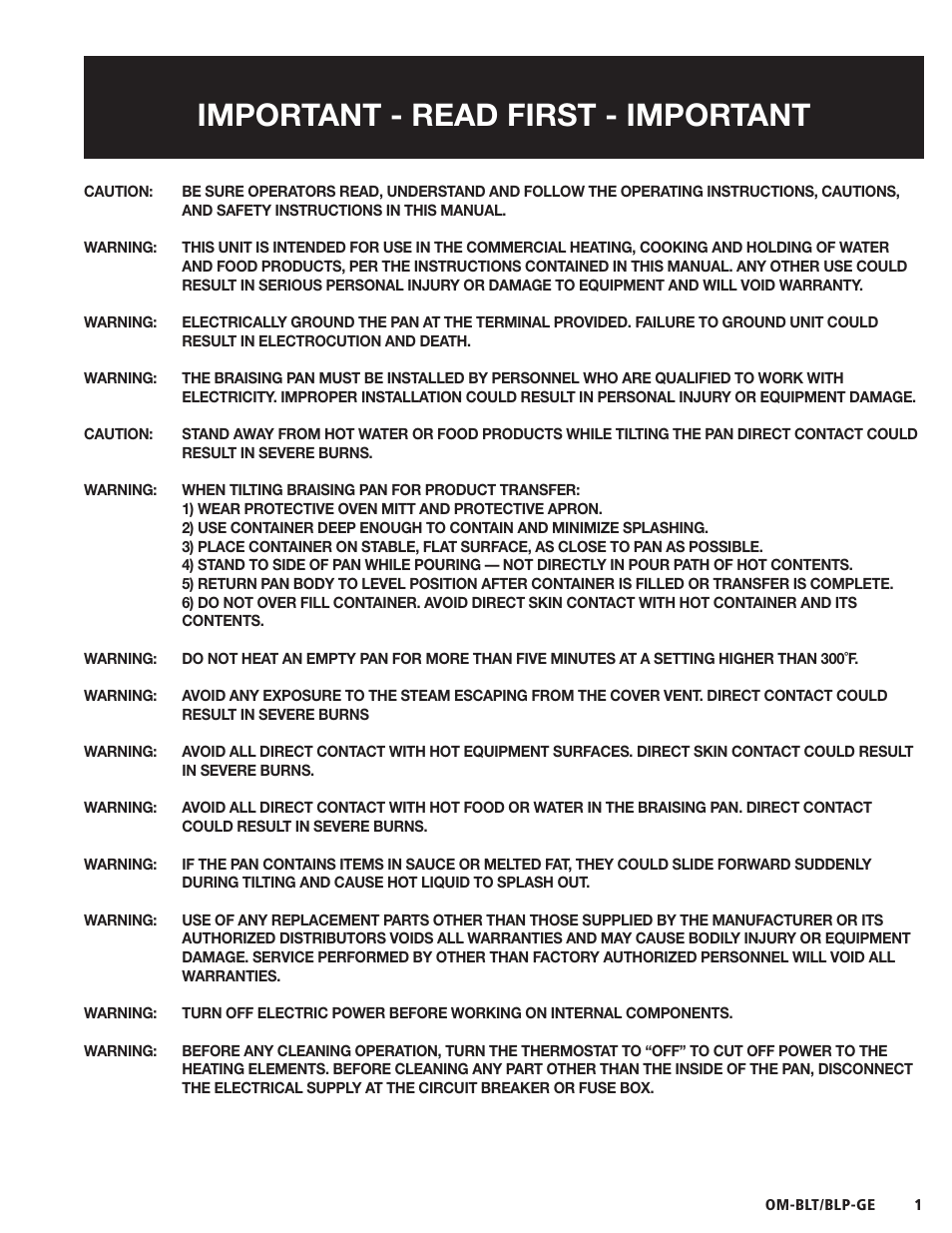 Important - read first - important | Blodgett BLP-E Series User Manual | Page 3 / 32