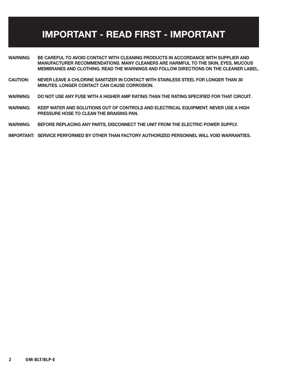 Important - read first - important | Blodgett BLP-E Series User Manual | Page 4 / 32