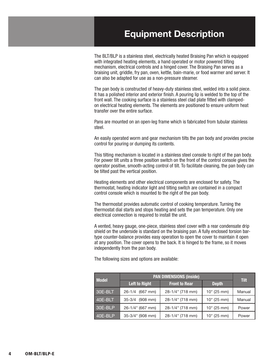 Equipment description | Blodgett BLP-E Series User Manual | Page 6 / 32