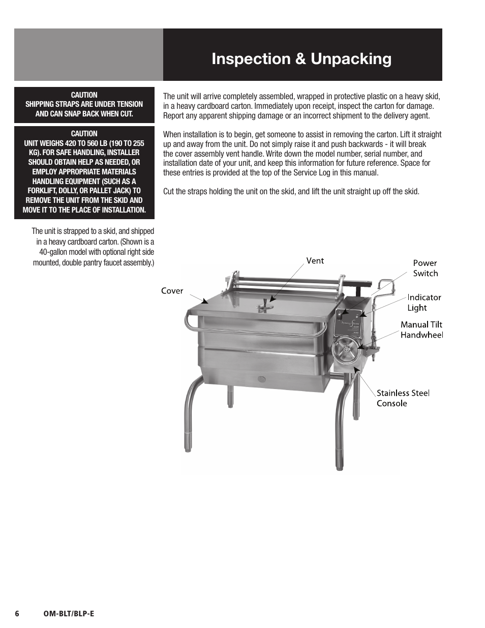 Inspection & unpacking | Blodgett BLP-E Series User Manual | Page 8 / 32
