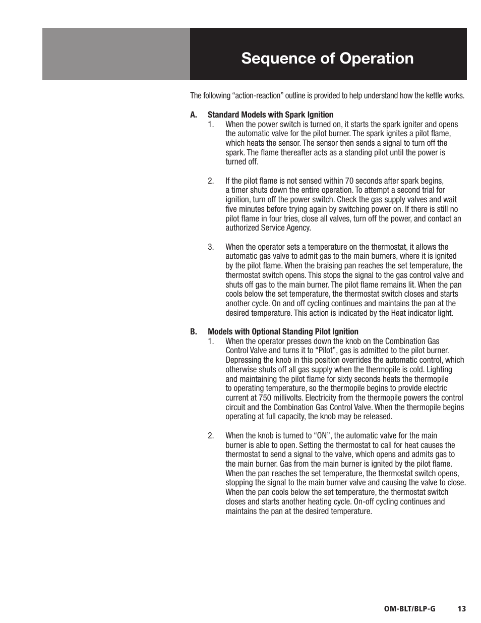 Sequence of operation | Blodgett BLP-G Series User Manual | Page 13 / 36