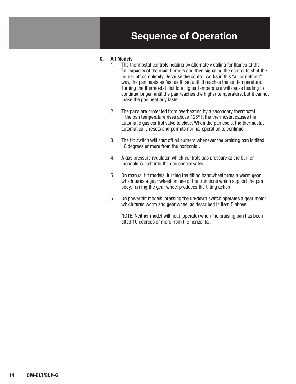 Sequence of operation | Blodgett BLP-G Series User Manual | Page 14 / 36