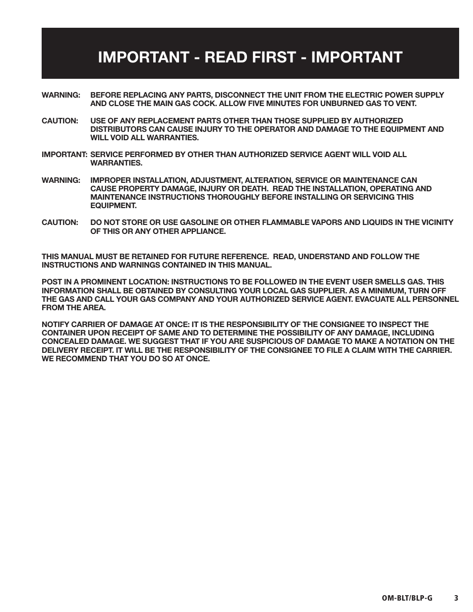 Important - read first - important | Blodgett BLP-G Series User Manual | Page 3 / 36