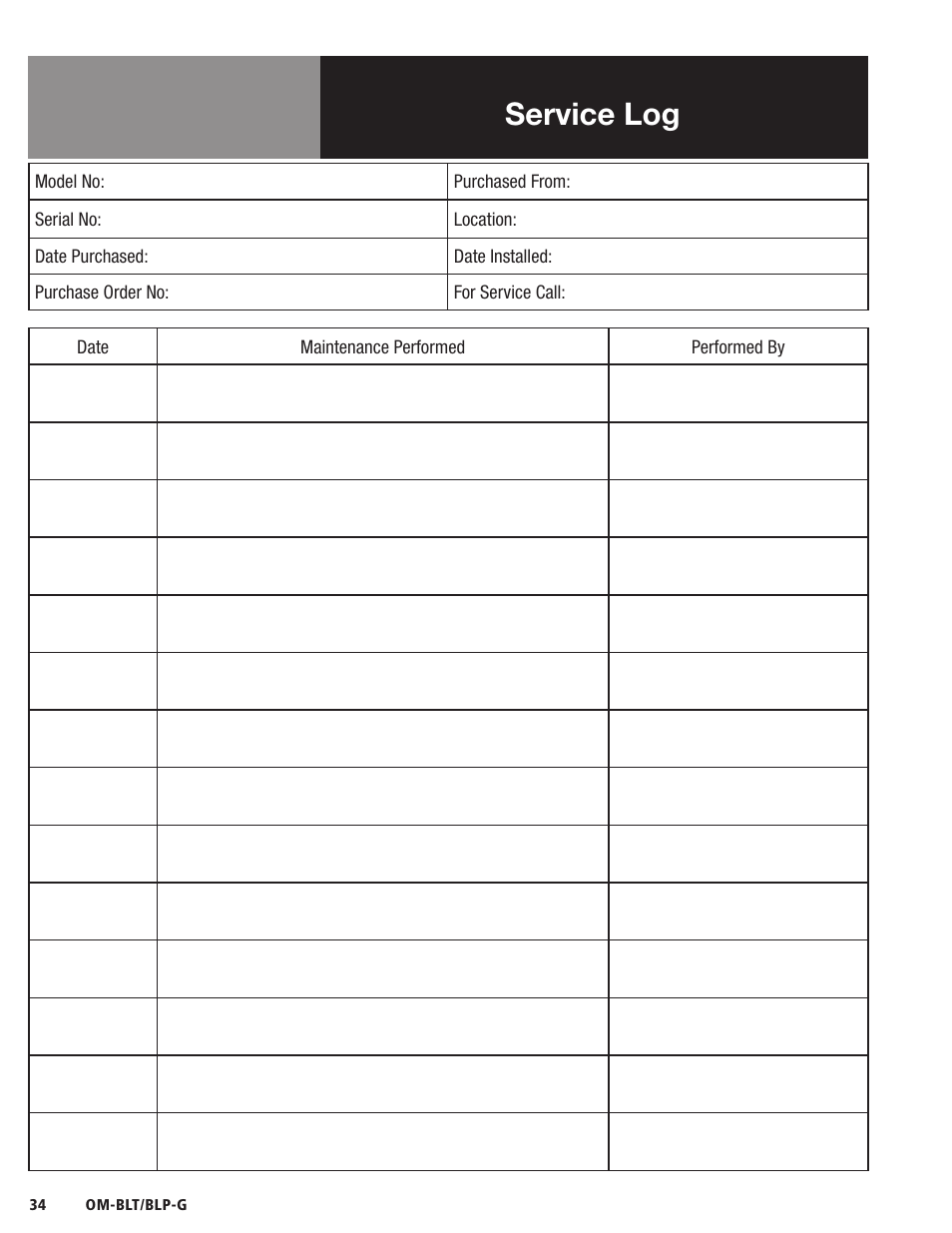 Service log | Blodgett BLP-G Series User Manual | Page 34 / 36