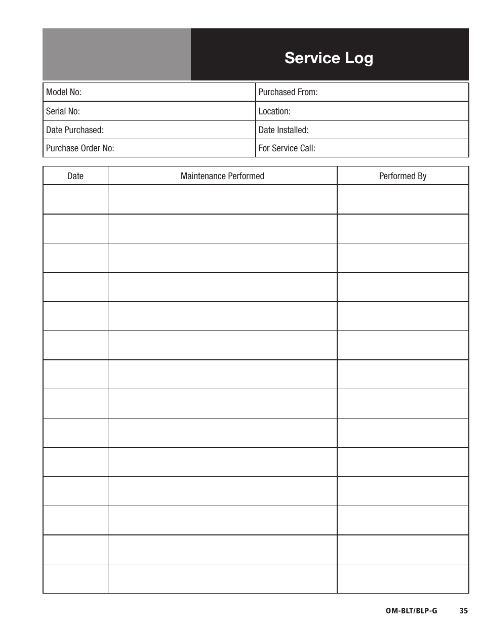 Service log | Blodgett BLP-G Series User Manual | Page 35 / 36