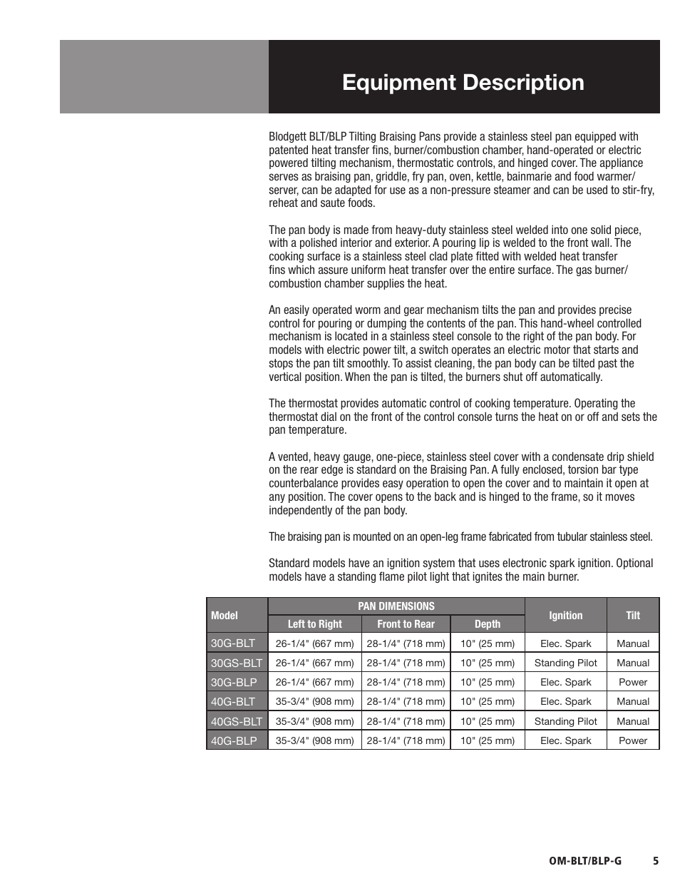 Equipment description | Blodgett BLP-G Series User Manual | Page 5 / 36