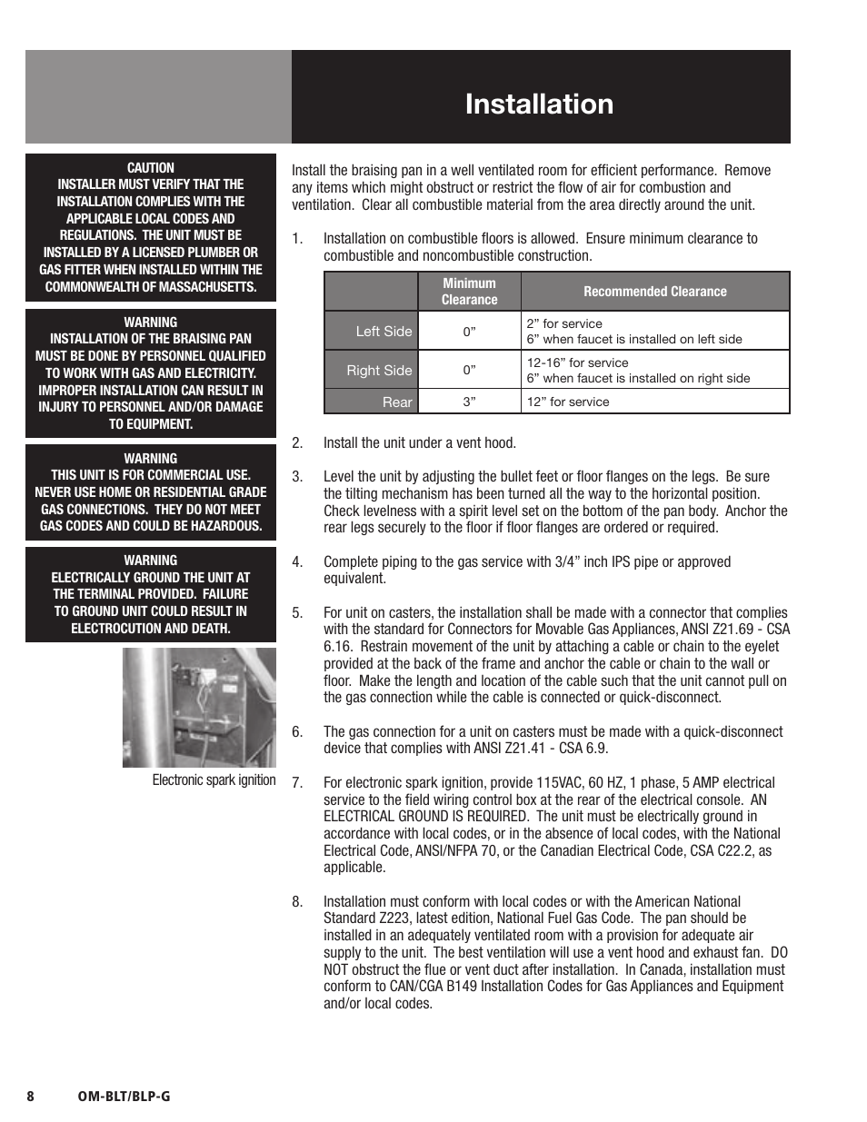 Installation | Blodgett BLP-G Series User Manual | Page 8 / 36