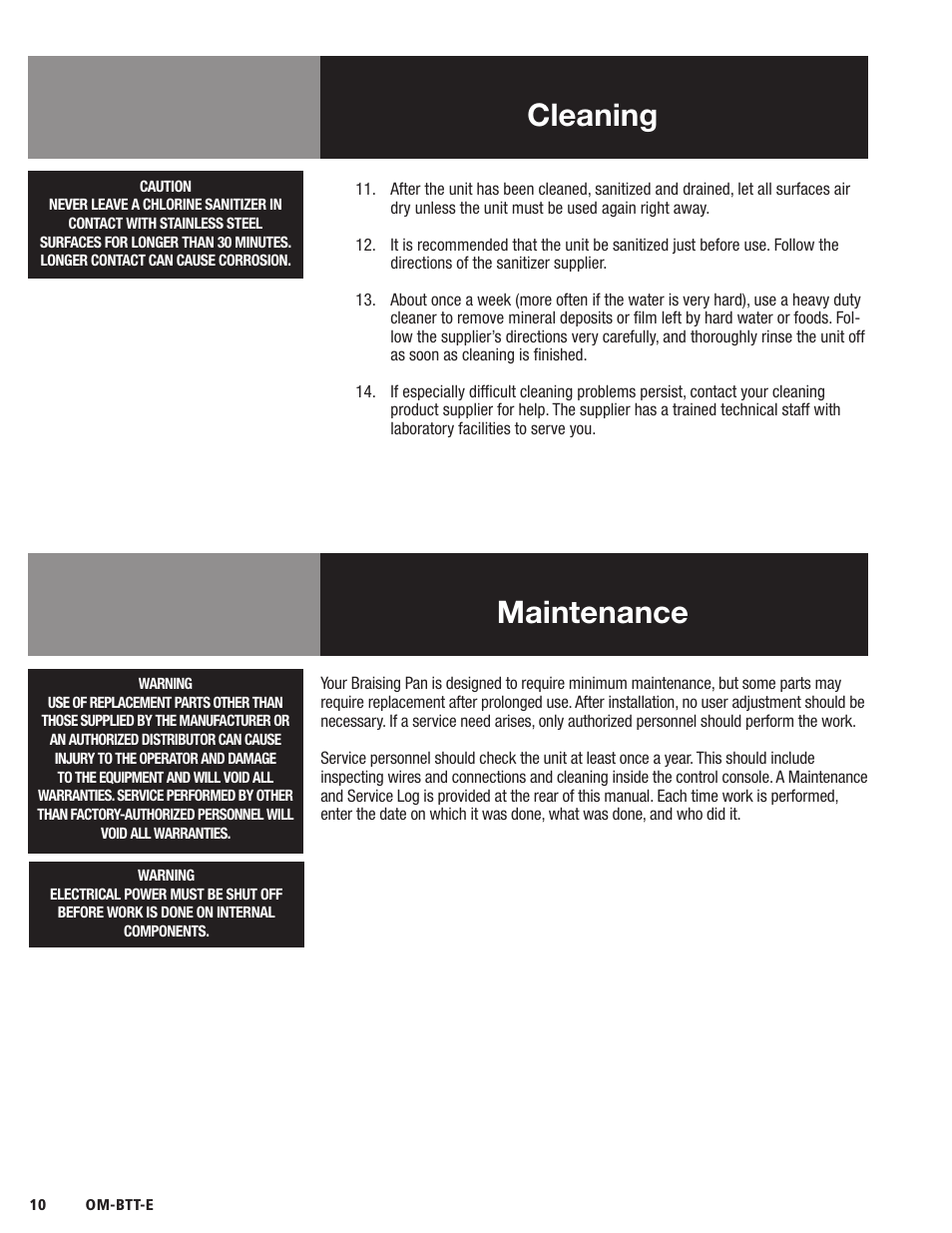 Cleaning, Maintenance | Blodgett BTT-E Series User Manual | Page 12 / 20
