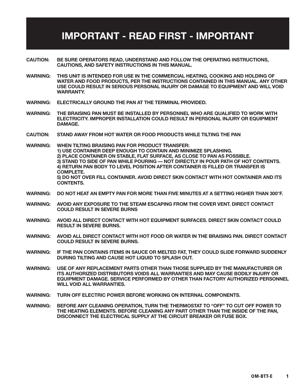 Important - read first - important | Blodgett BTT-E Series User Manual | Page 3 / 20