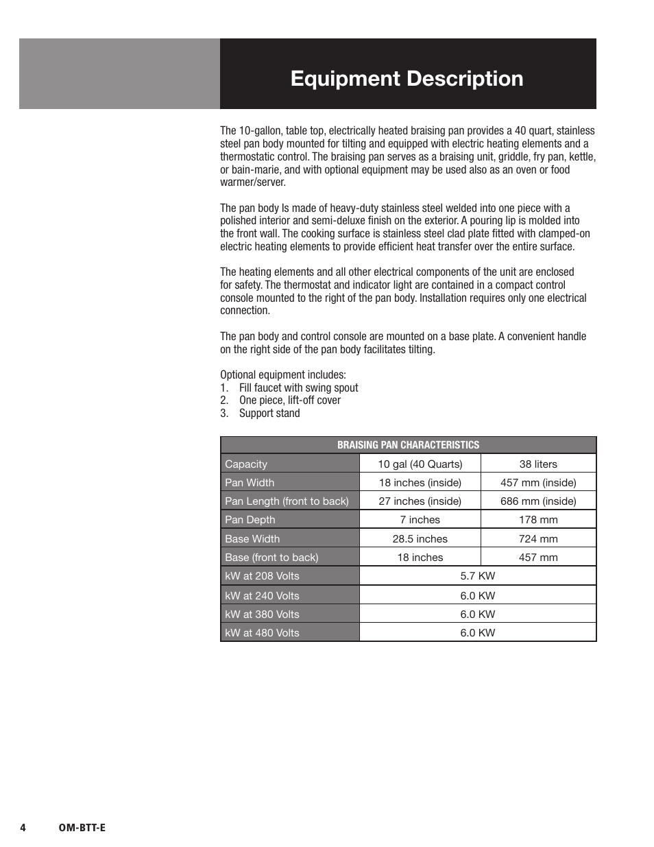 Equipment description | Blodgett BTT-E Series User Manual | Page 6 / 20