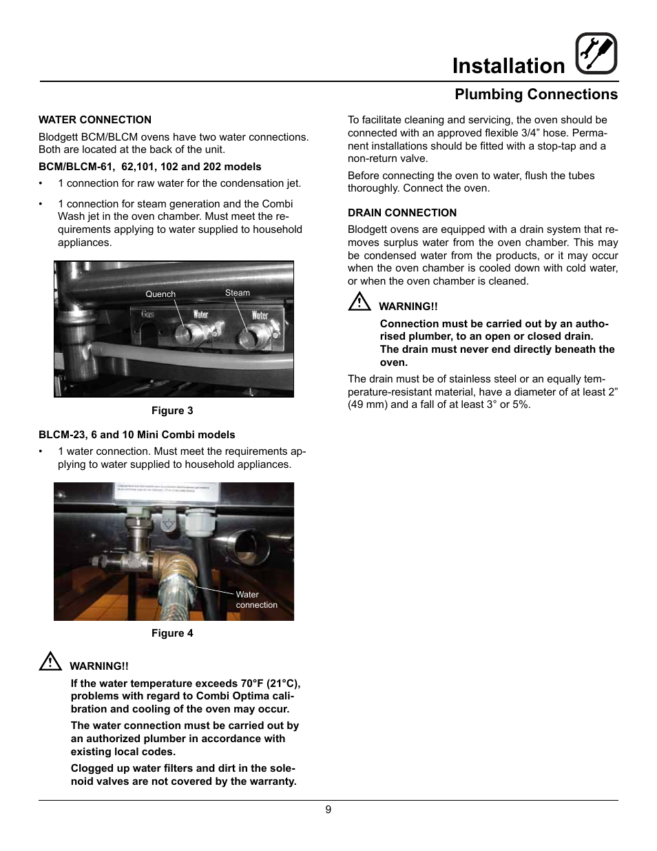 Installation, Plumbing connections | Blodgett BLCM User Manual | Page 11 / 24