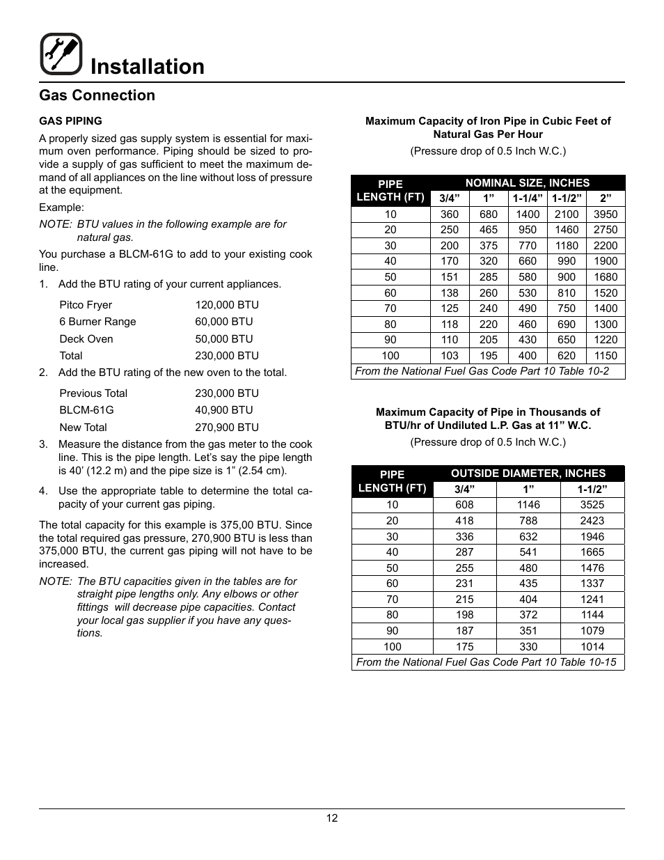 Installation, Gas connection | Blodgett BLCM User Manual | Page 14 / 24