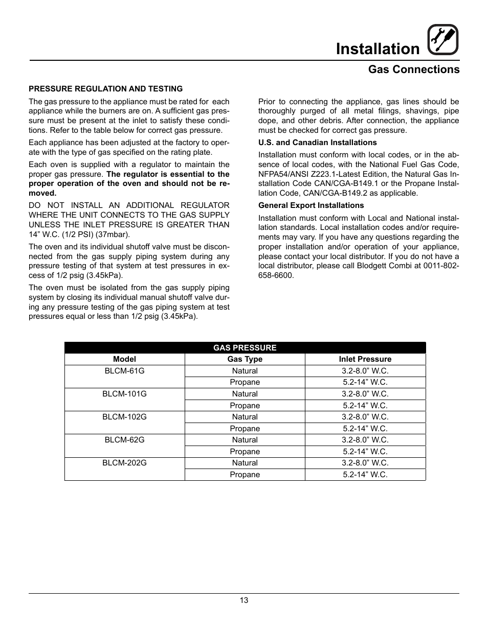 Installation, Gas connections | Blodgett BLCM User Manual | Page 15 / 24