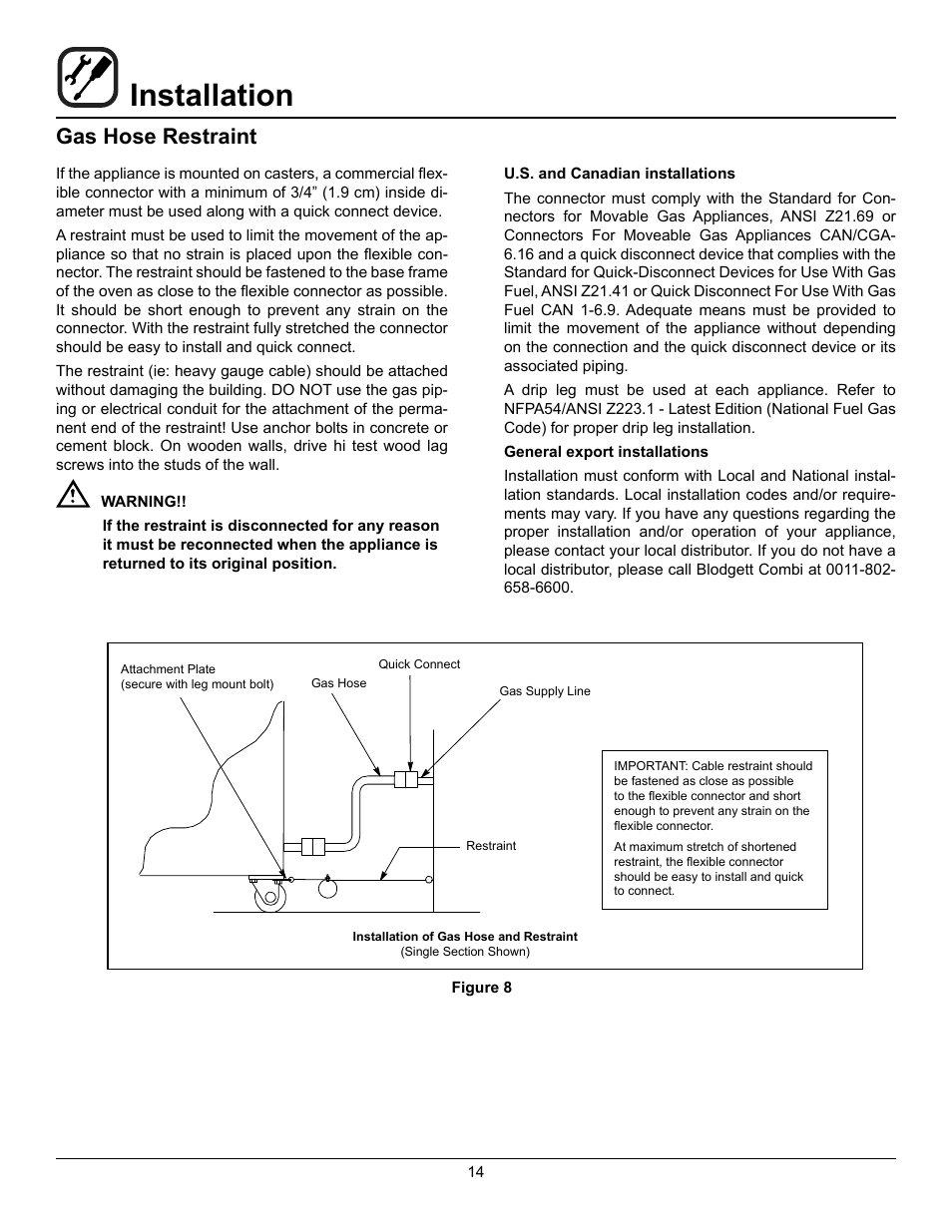Installation, Gas hose restraint | Blodgett BLCM User Manual | Page 16 / 24