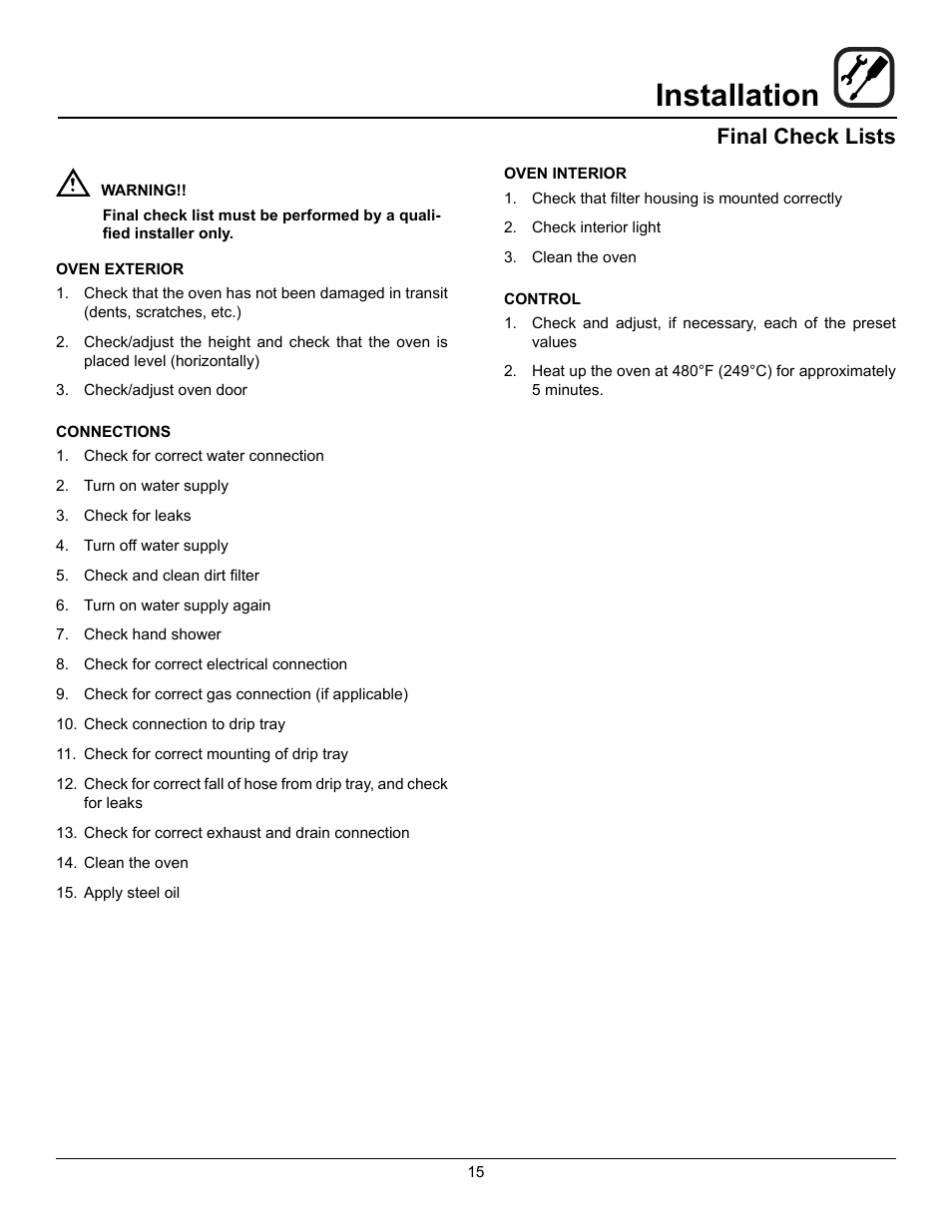 Installation, Final check lists | Blodgett BLCM User Manual | Page 17 / 24