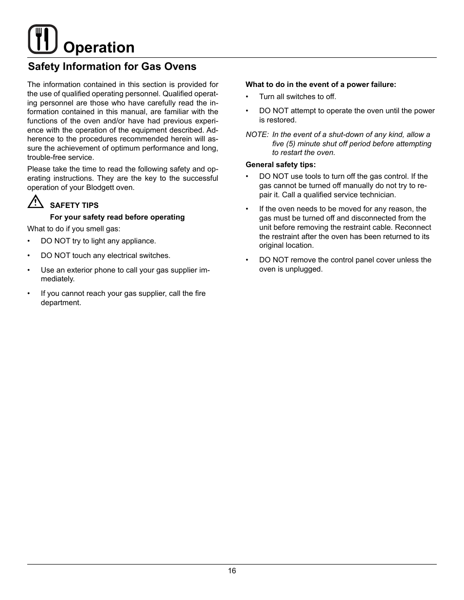 Operation, Safety information for gas ovens | Blodgett BLCM User Manual | Page 18 / 24