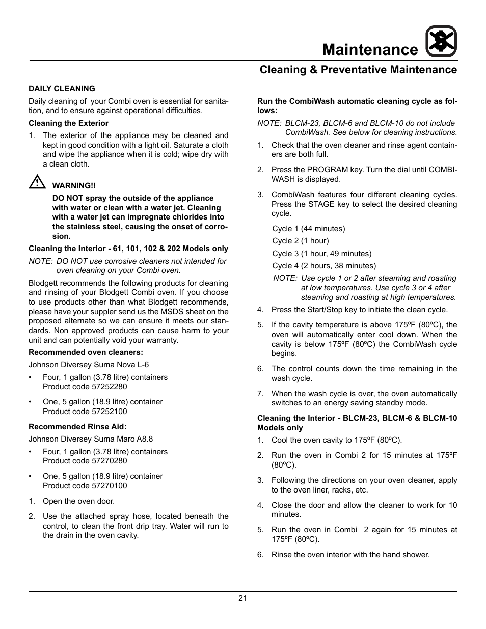 Maintenance, Cleaning & preventative maintenance | Blodgett BLCM User Manual | Page 23 / 24