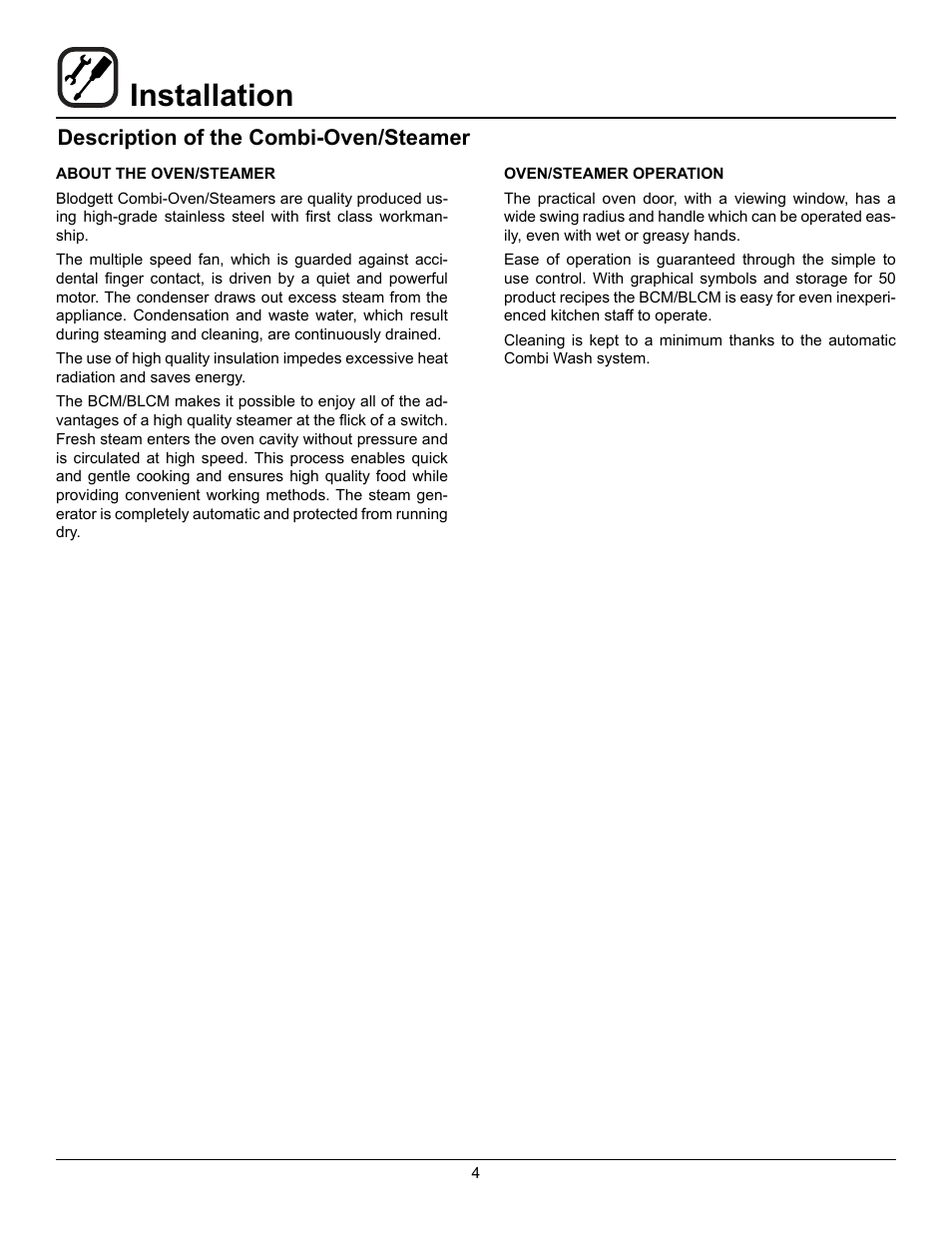 Installation, Description of the combi-oven/steamer | Blodgett BLCM User Manual | Page 6 / 24