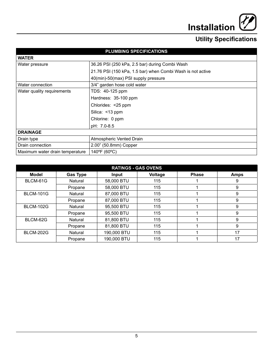Installation, Utility specifications | Blodgett BLCM User Manual | Page 7 / 24