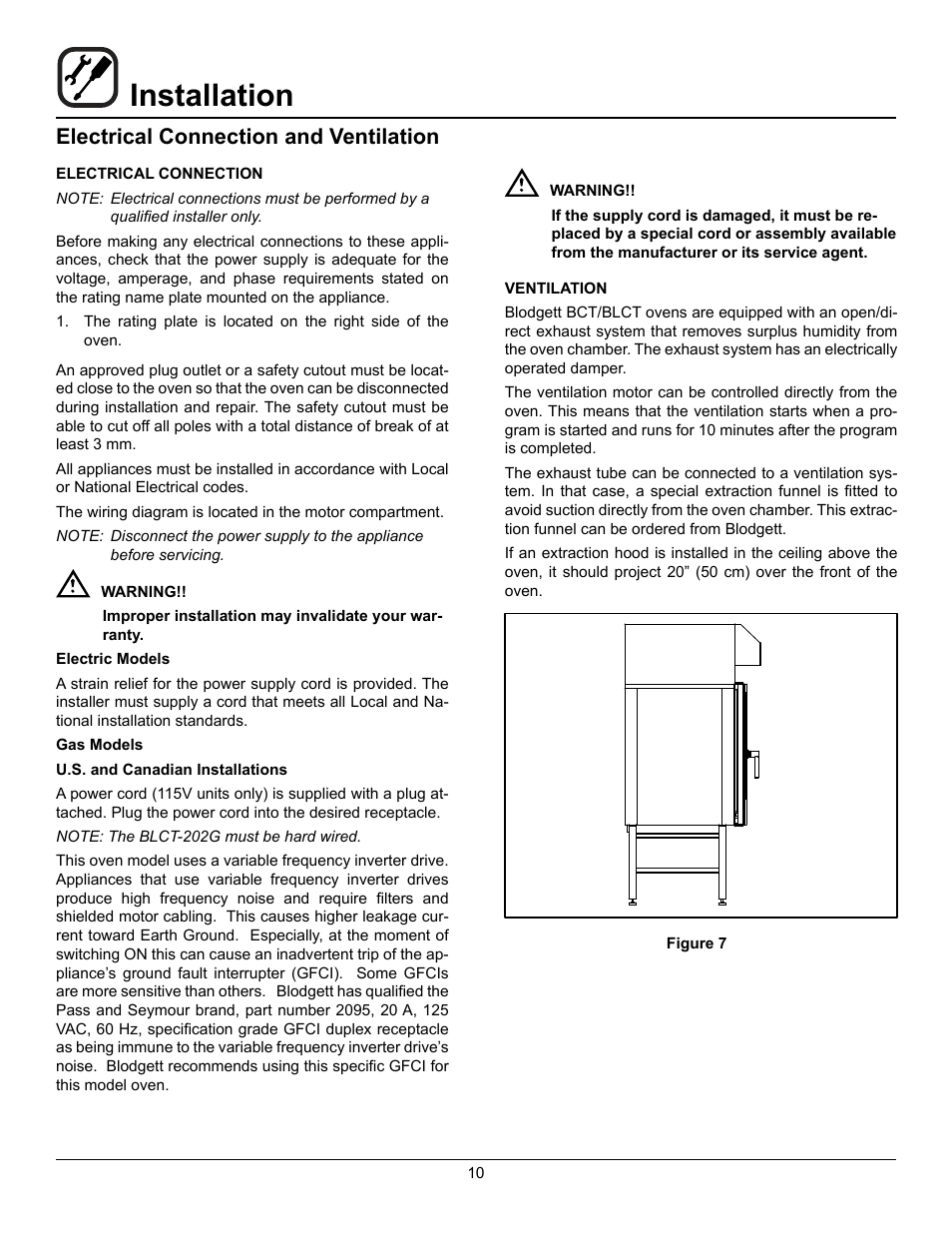 Installation, Electrical connection and ventilation | Blodgett BLCT User Manual | Page 12 / 47