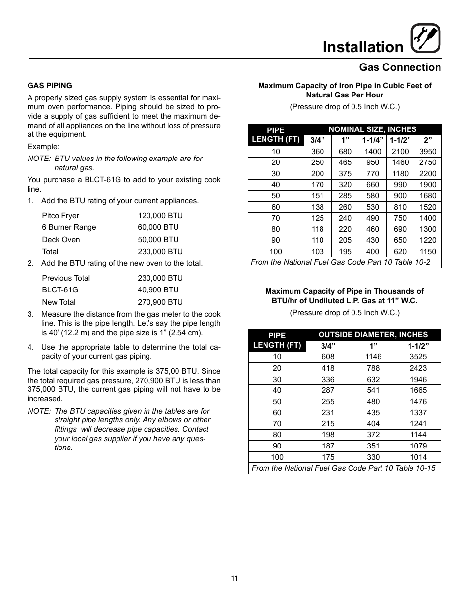 Installation, Gas connection | Blodgett BLCT User Manual | Page 13 / 47